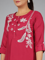 Thumbnail for Juniper Women Fuchsia Chanderi Embroidered Clothing Set - Distacart
