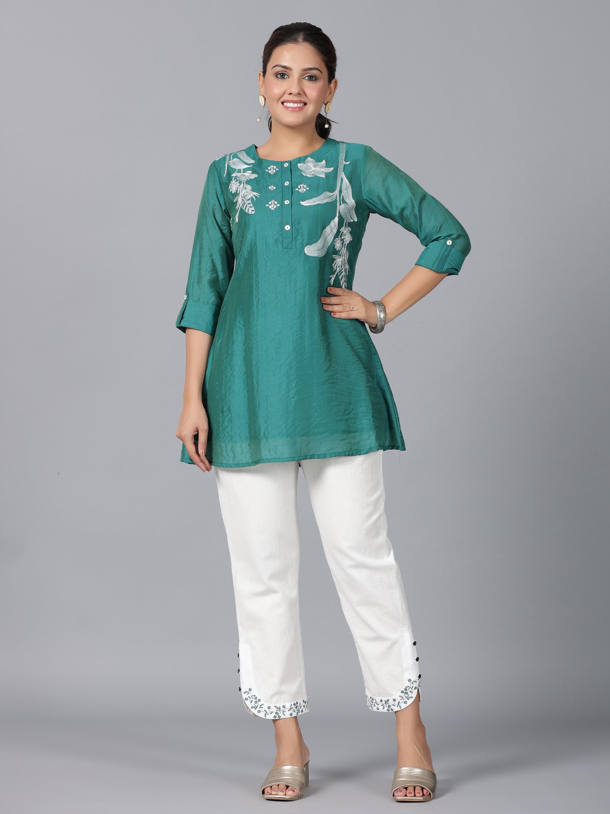 Juniper Women Green Chanderi Embroidered Clothing Set - Distacart