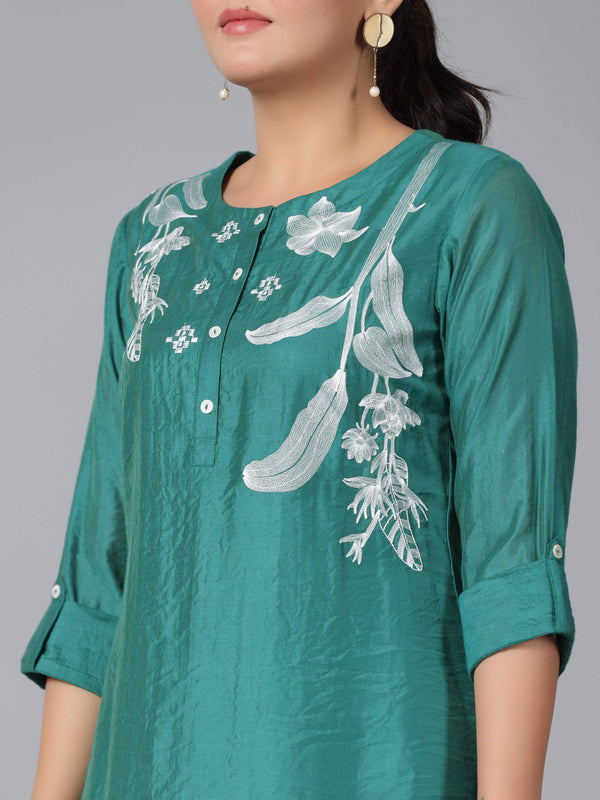Juniper Women Green Chanderi Embroidered Clothing Set - Distacart