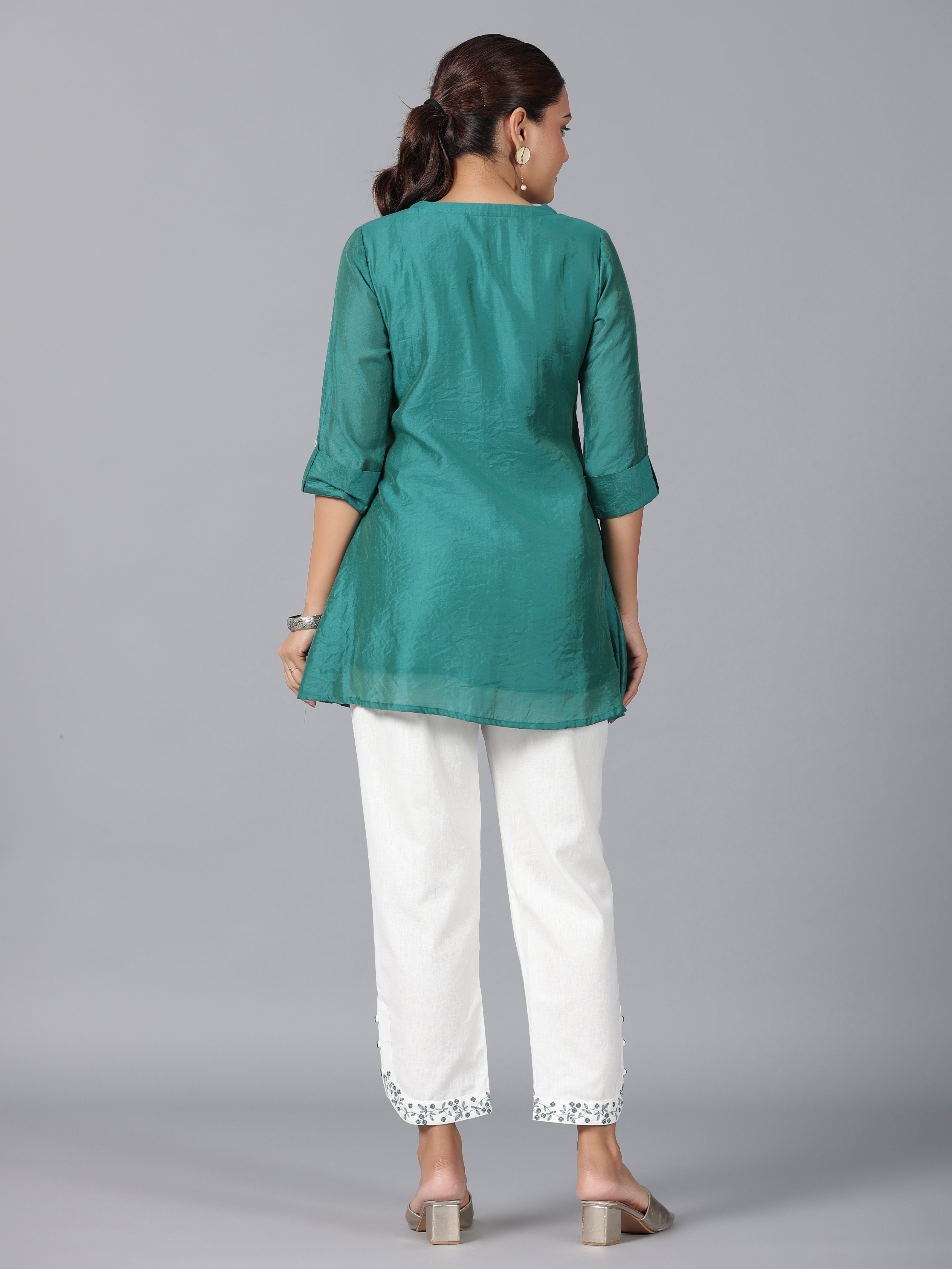 Juniper Women Green Chanderi Embroidered Clothing Set - Distacart