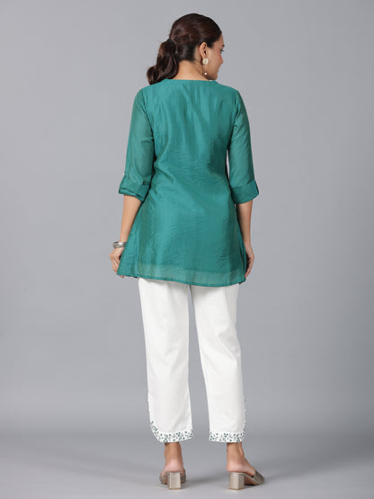Juniper Women Green Chanderi Embroidered Clothing Set - Distacart