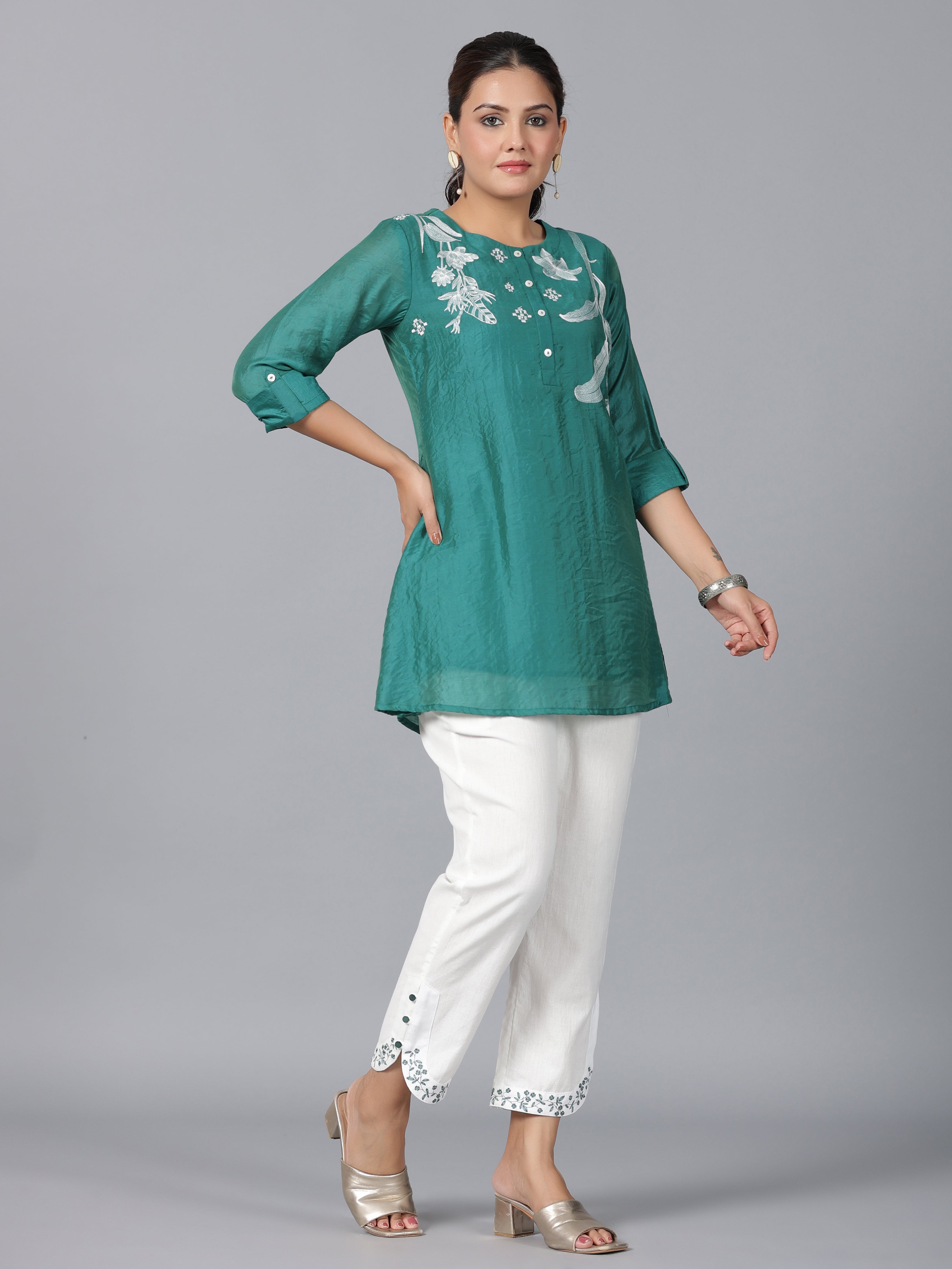 Juniper Women Green Chanderi Embroidered Clothing Set - Distacart