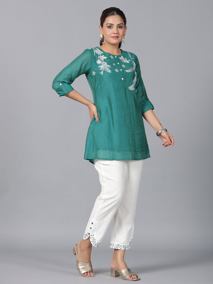 Juniper Women Green Chanderi Embroidered Clothing Set - Distacart