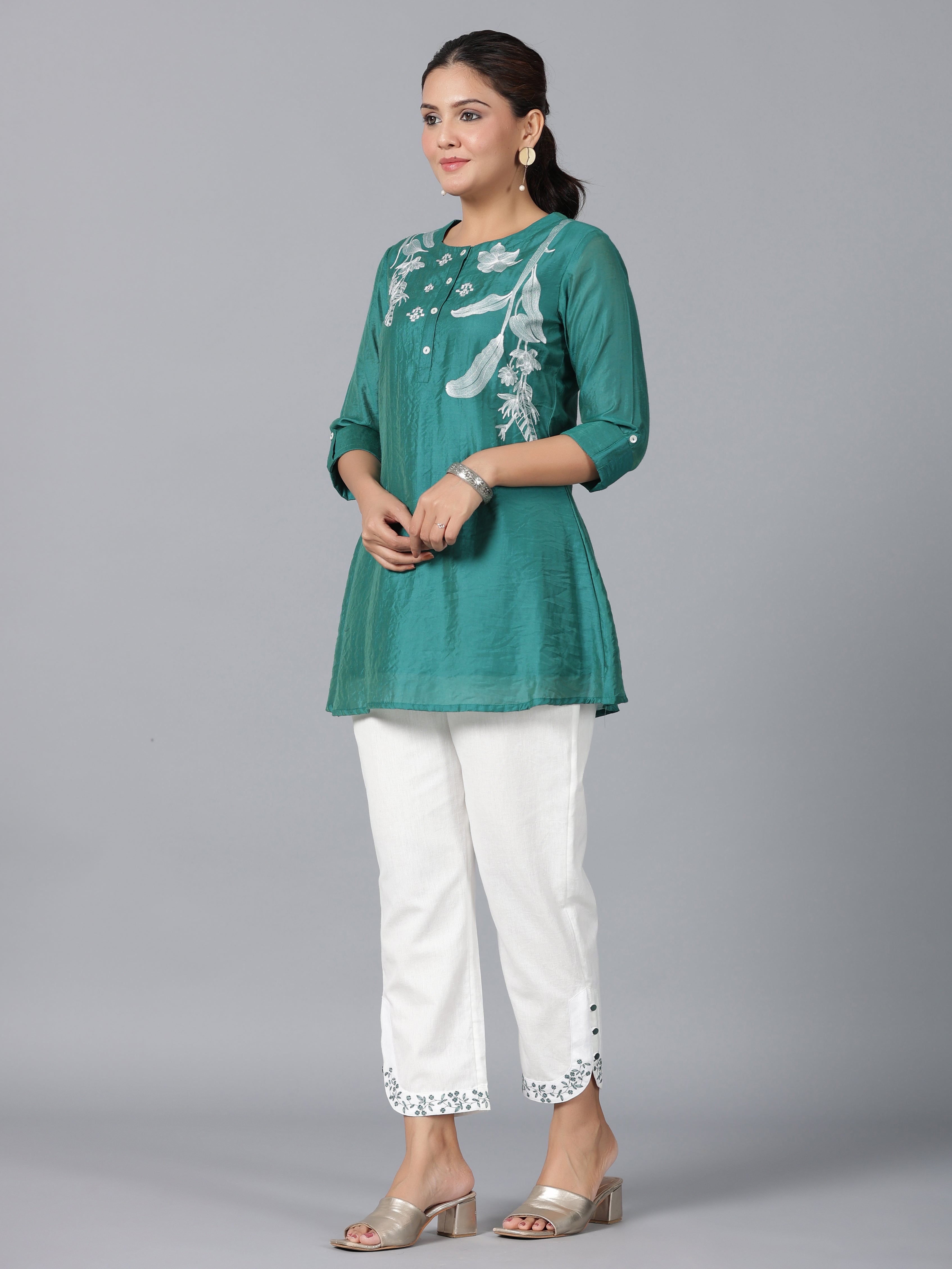 Juniper Women Green Chanderi Embroidered Clothing Set - Distacart