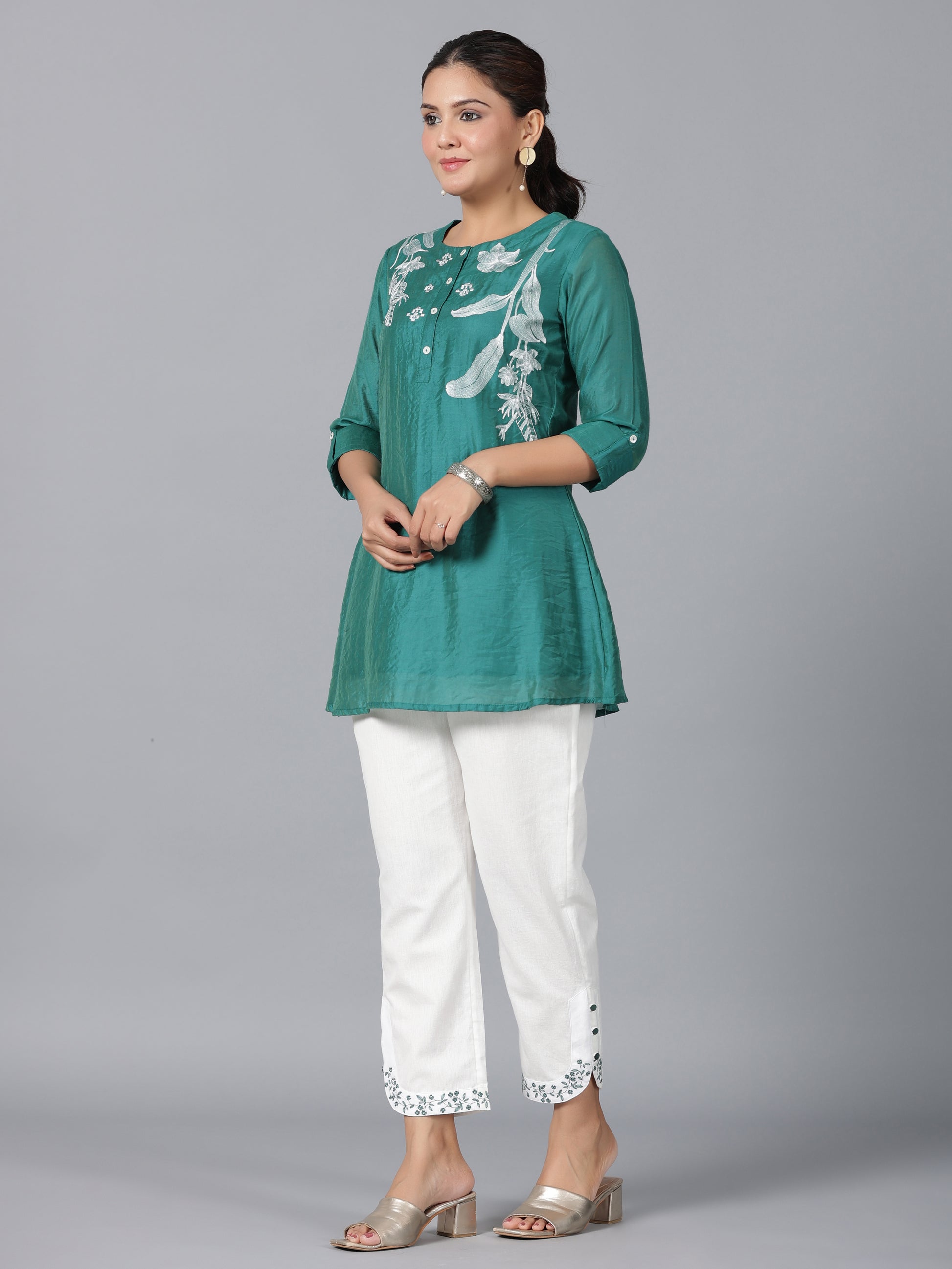 Juniper Women Green Chanderi Embroidered Clothing Set - Distacart