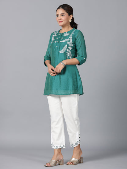 Juniper Women Green Chanderi Embroidered Clothing Set - Distacart