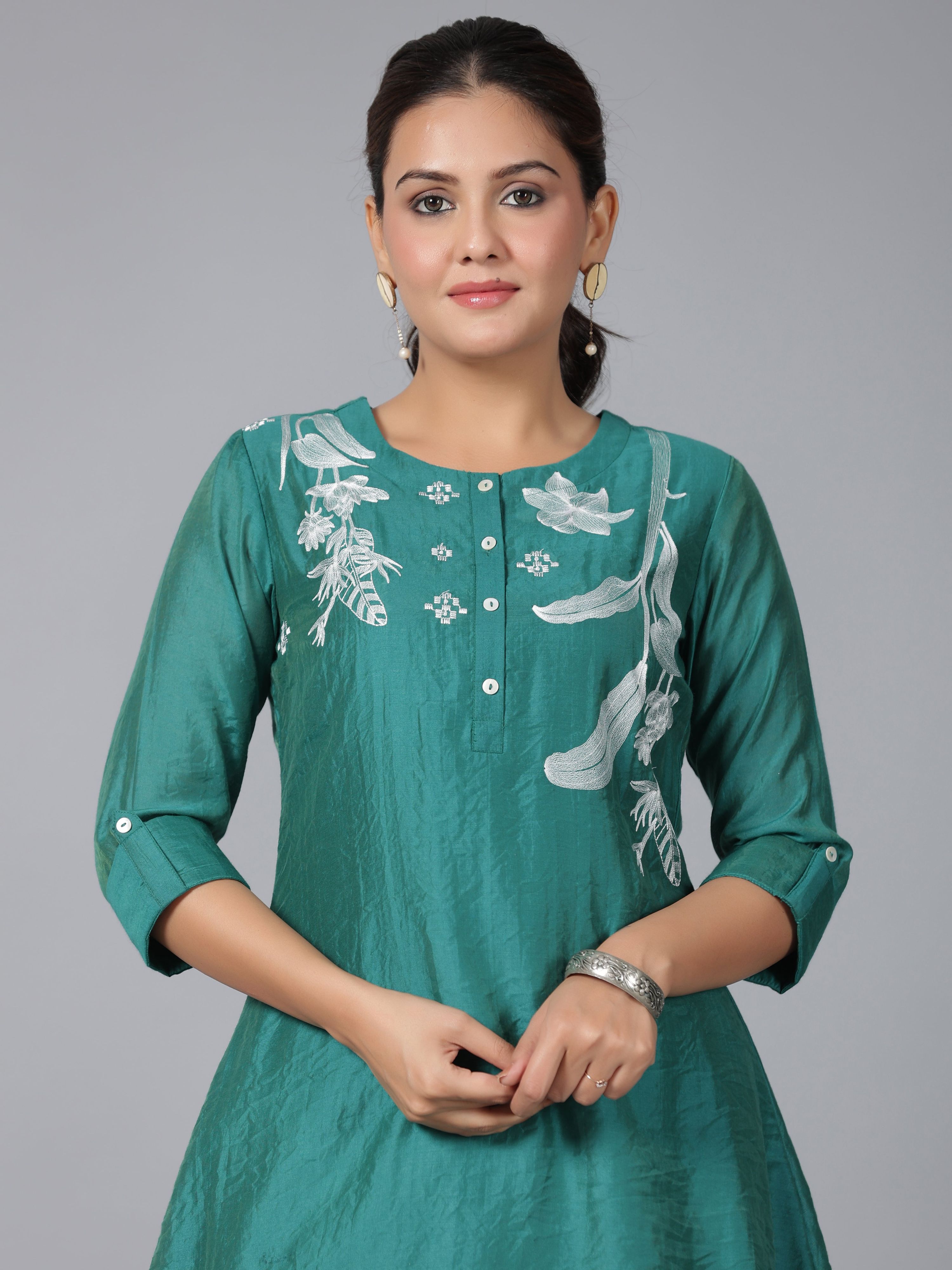 Juniper Women Green Chanderi Embroidered Clothing Set - Distacart