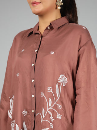 Juniper Brown Fuchsia Chanderi Embroidered Clothing Set - Distacart