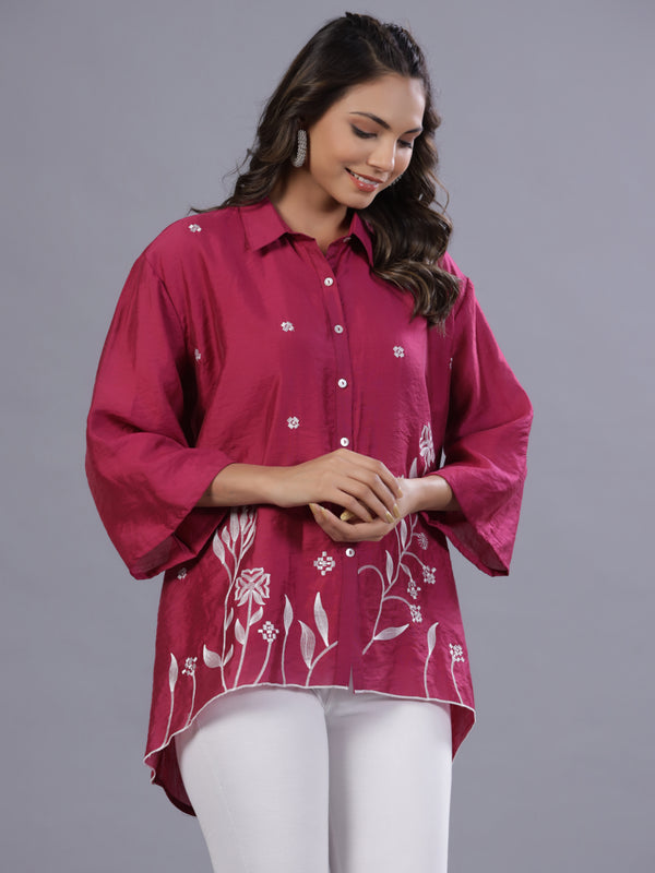 Juniper Women Fuchsia Chanderi Embroidered Clothing Set - Distacart