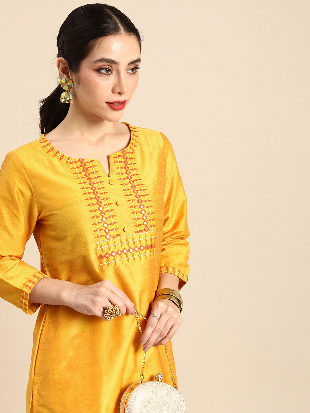 Sangria Women Geometric Embroidered Mirror Work Kurta - Distacart