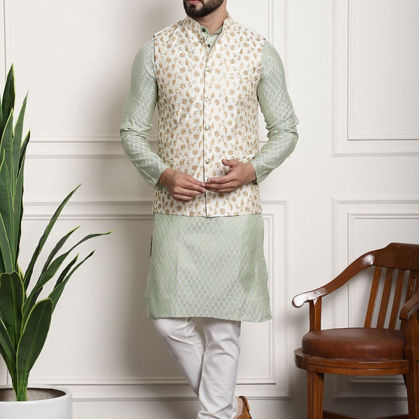 Sojanya Woven Design Mandarin Collar Kurta with Churidar & Nehru Jacket - Distacart