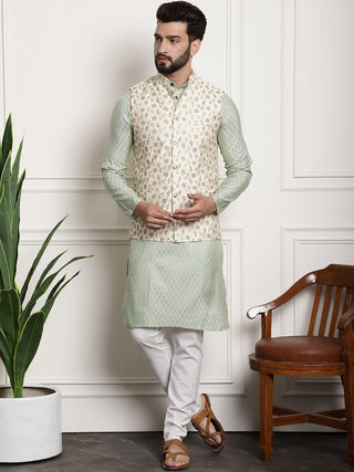 Sojanya Woven Design Mandarin Collar Kurta with Churidar & Nehru Jacket - Distacart