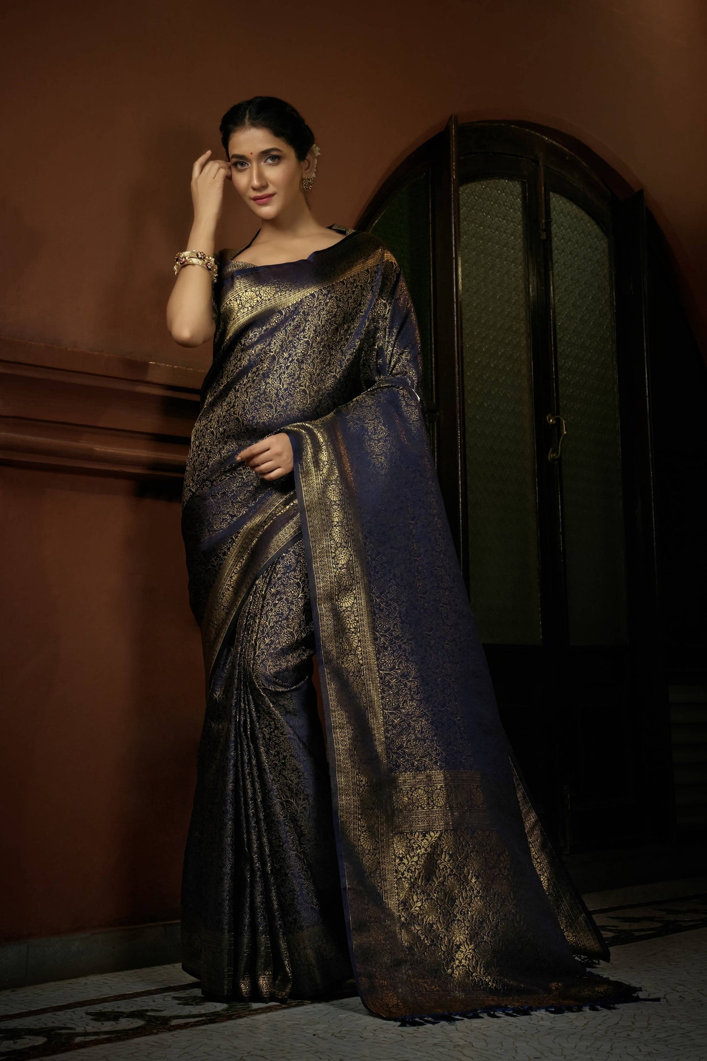 Vardha Prussian Blue Golden Zari Kanjeevaram Silk Saree