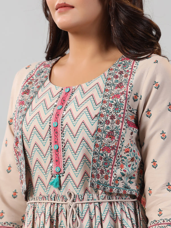 Juniper Women Beige Rayon Printed Jacket Style Midi Dress - Distacart