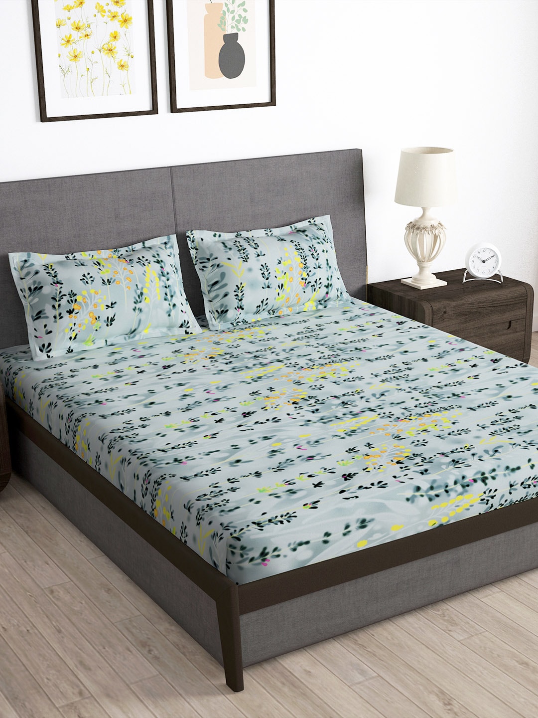 Story@home Arena Grey & Blue Floral Printed 180 TC Bedsheet & Pillow Covers - Distacart