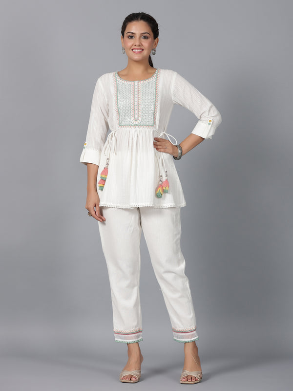 Juniper Women Off-White Seer Sucker Embroidered Clothing Set - Distacart