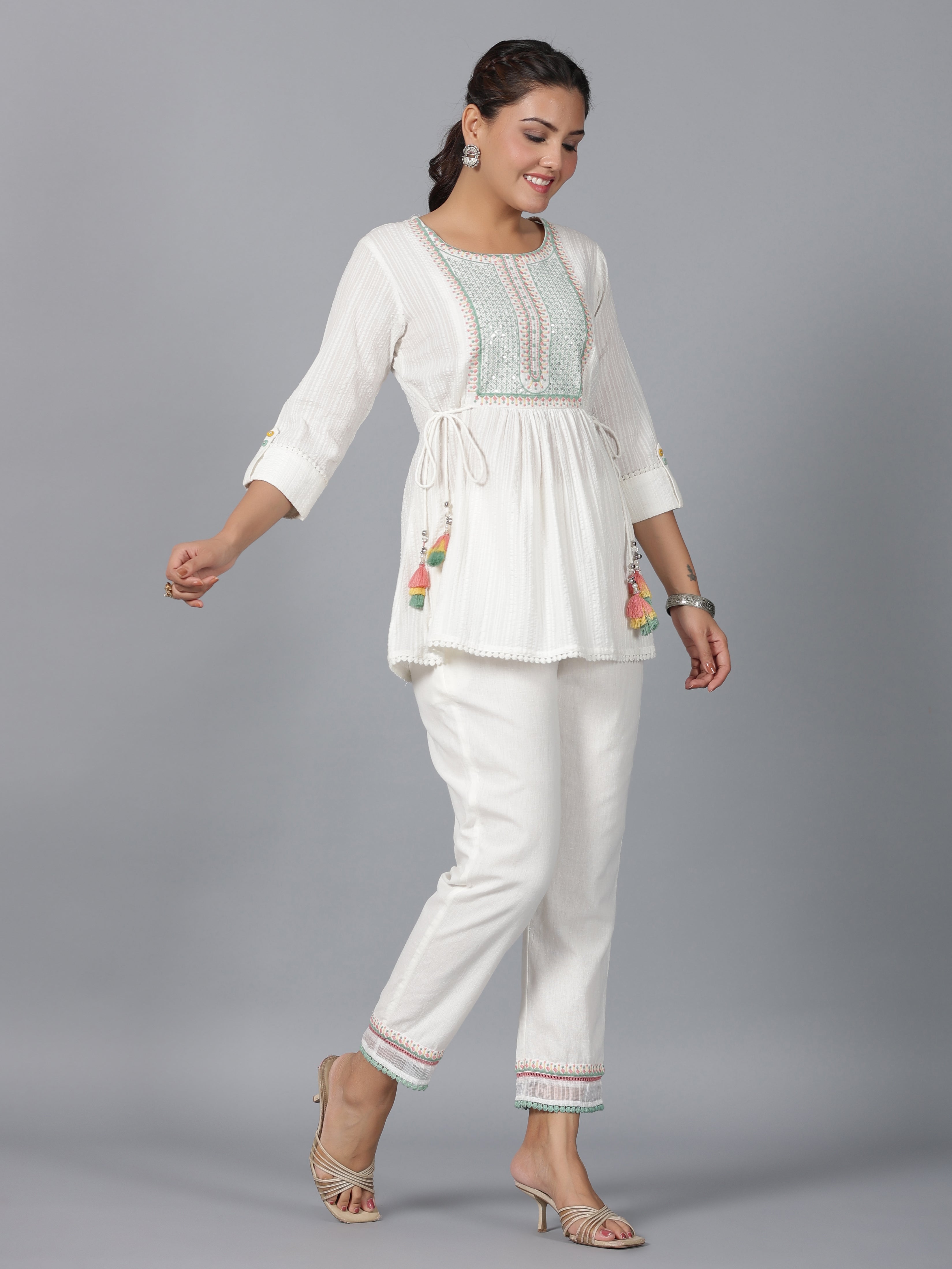 Juniper Women Off-White Seer Sucker Embroidered Clothing Set - Distacart