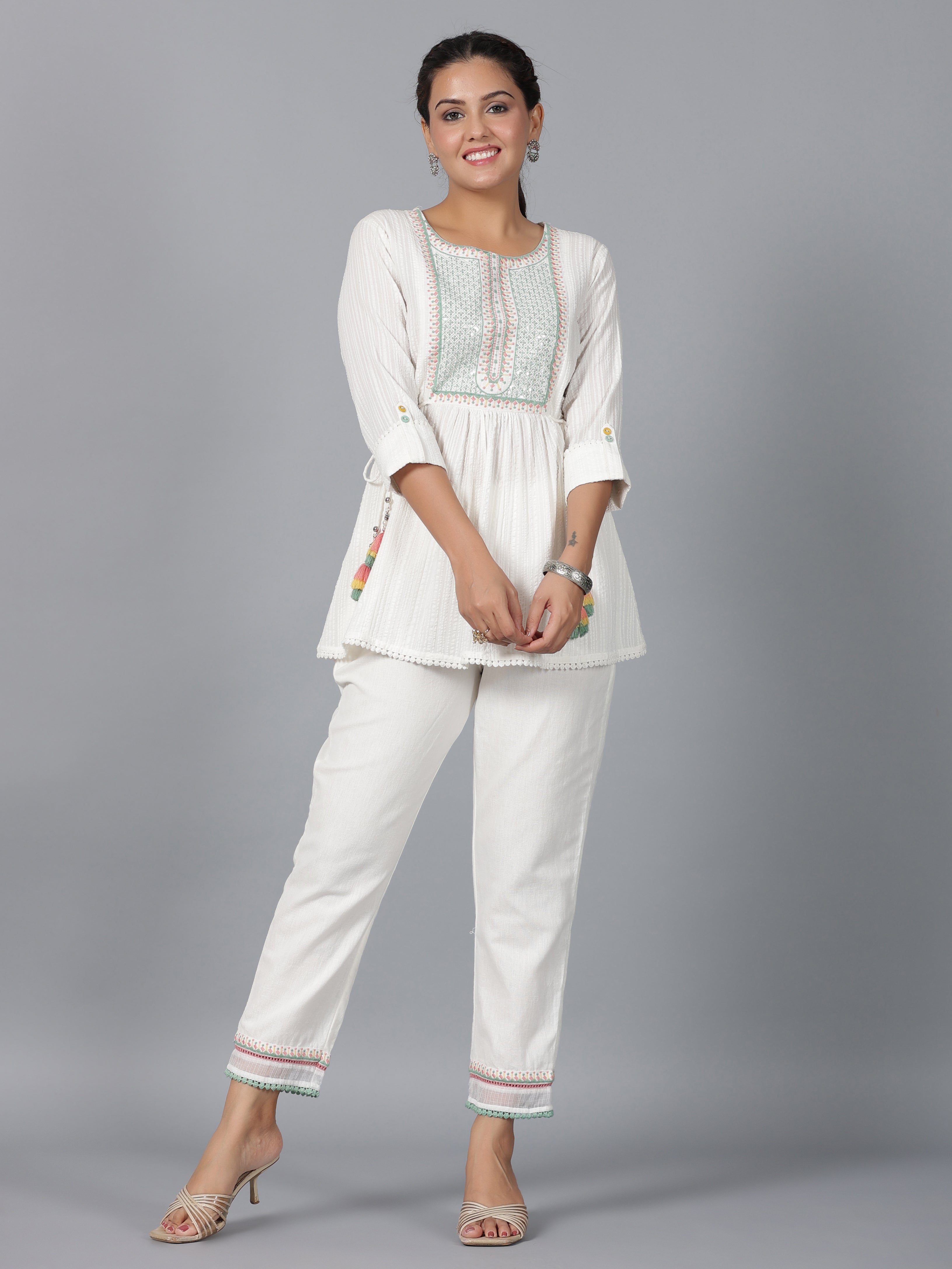 Juniper Women Off-White Seer Sucker Embroidered Clothing Set - Distacart