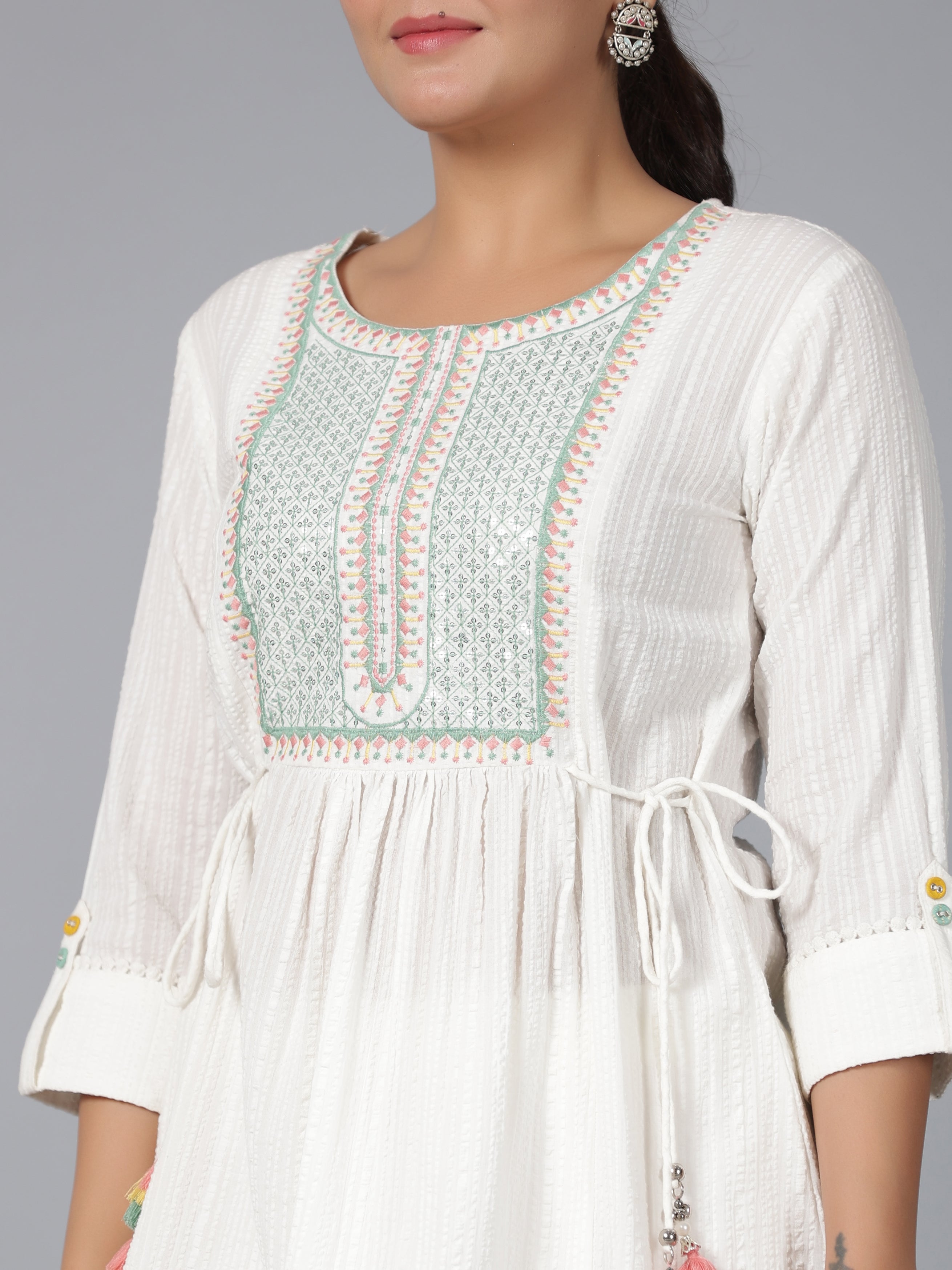 Juniper Women Off-White Seer Sucker Embroidered Clothing Set - Distacart