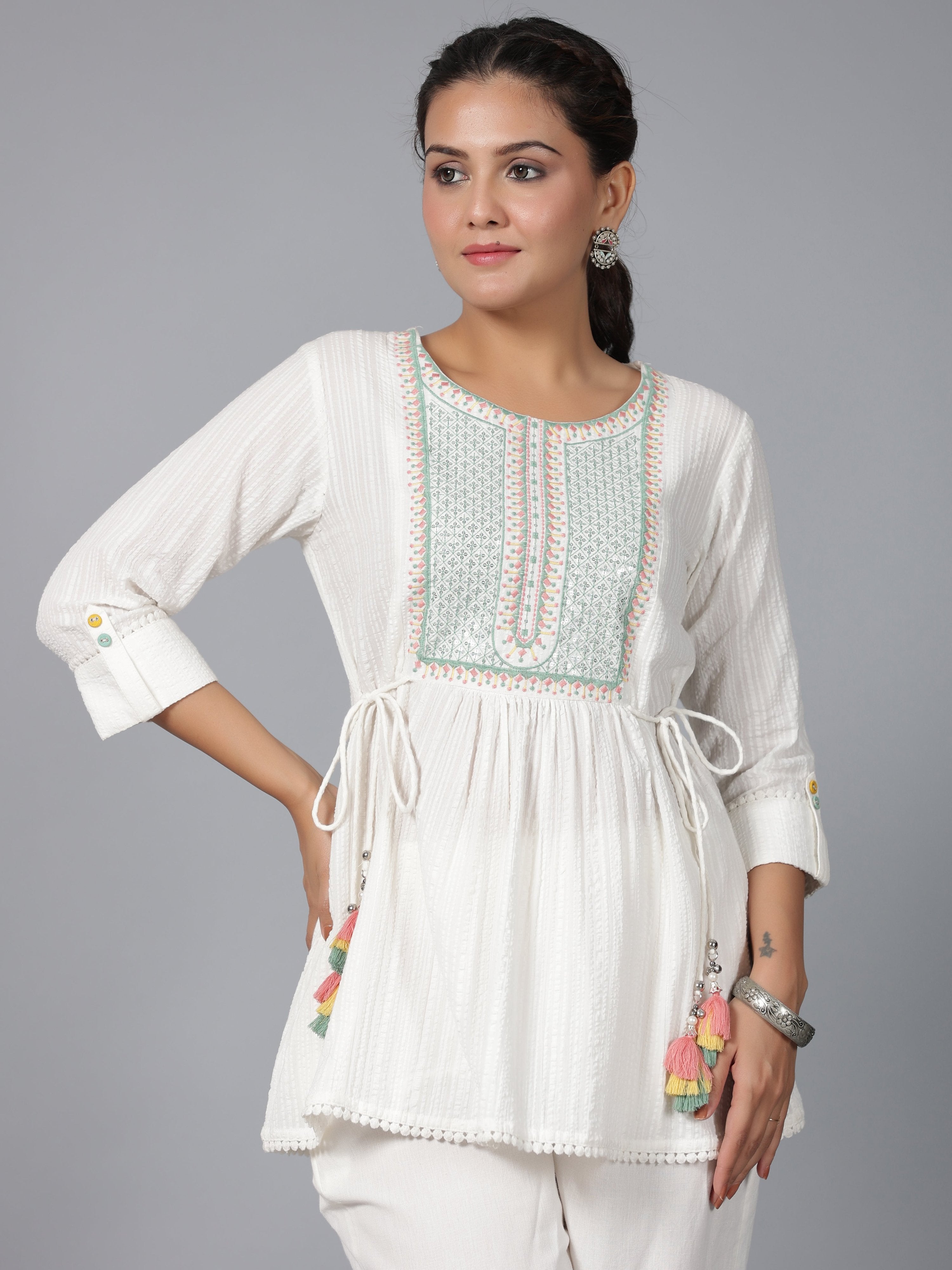 Juniper Women Off-White Seer Sucker Embroidered Clothing Set - Distacart