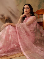 Thumbnail for Sangria Pink Floral Embroidered Sequinned Net Saree - Distacart