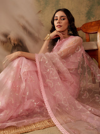 Sangria Pink Floral Embroidered Sequinned Net Saree - Distacart