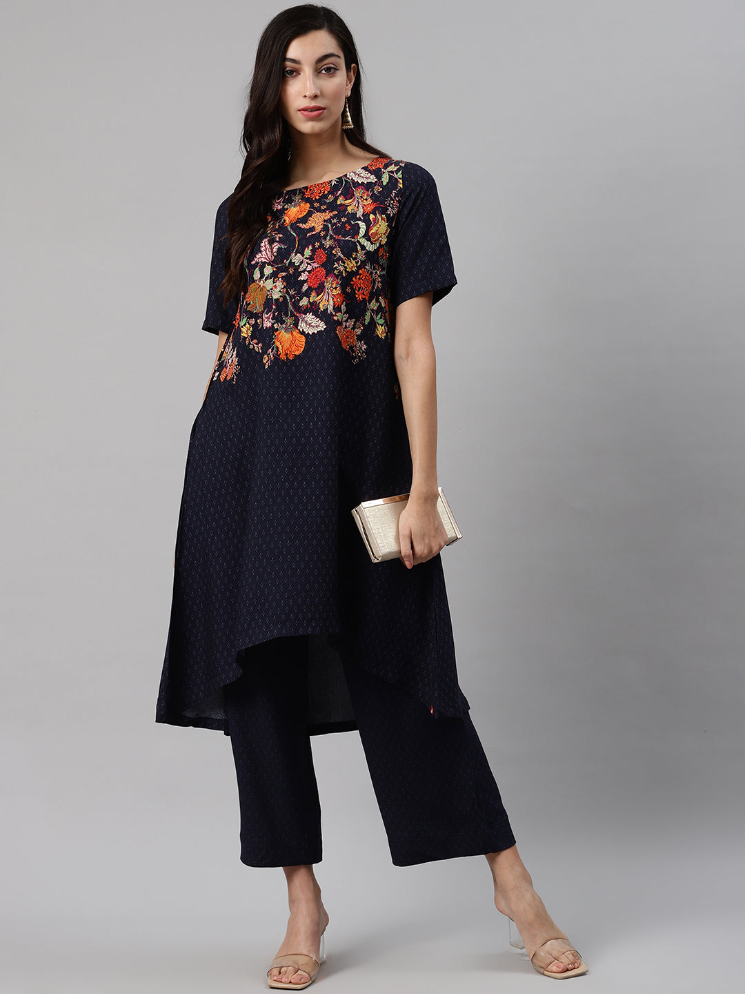 Biba Women Navy Blue Printed Kurta with Palazzos - Distacart