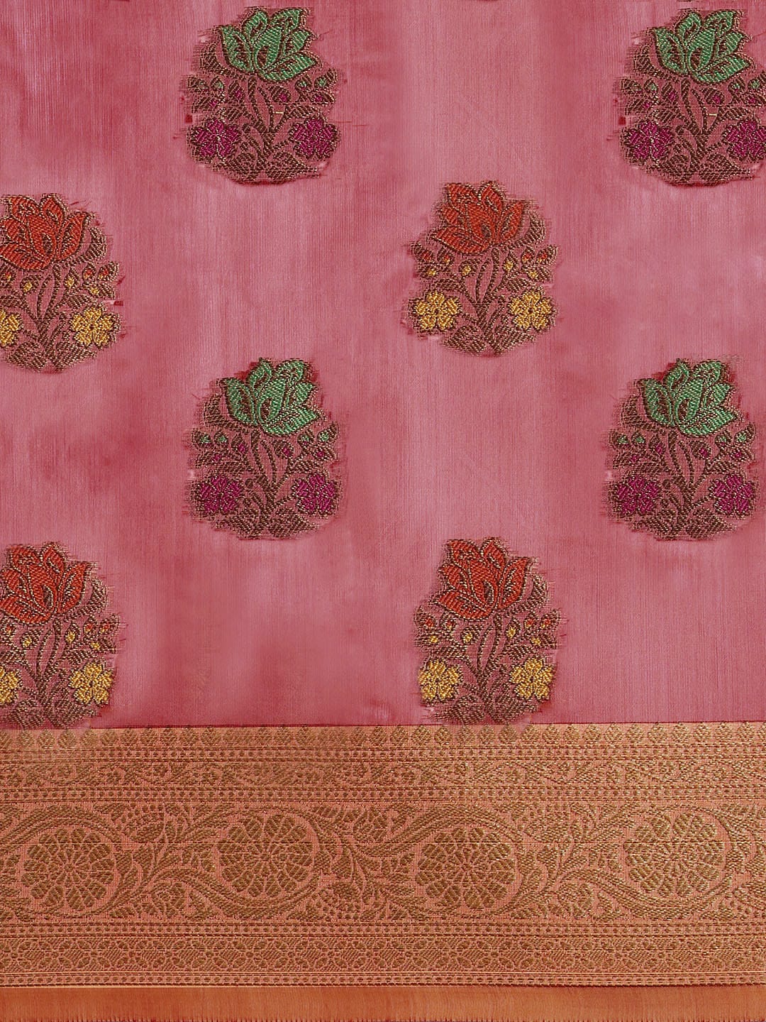 Mitera Pink & Green Floral Zari Organza Kanjeevaram Saree - Distacart