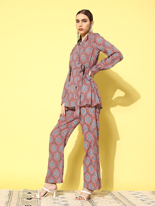 InWeave Women's Pink Blue Ogee Print Belted Coord Set - Distacart