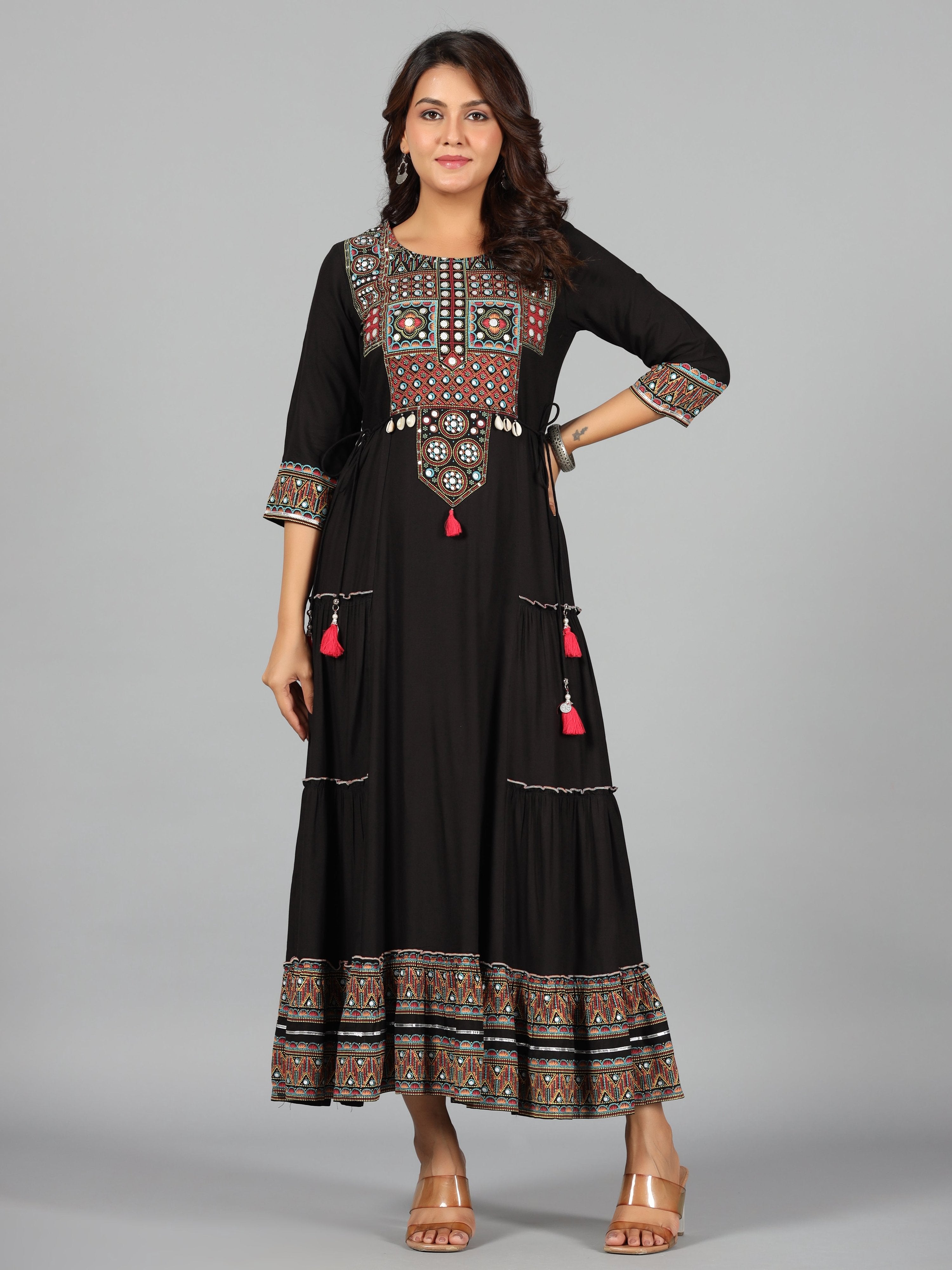 Juniper Women's Black Rayon Staple Printed Tiered Maxi Dress - Distacart