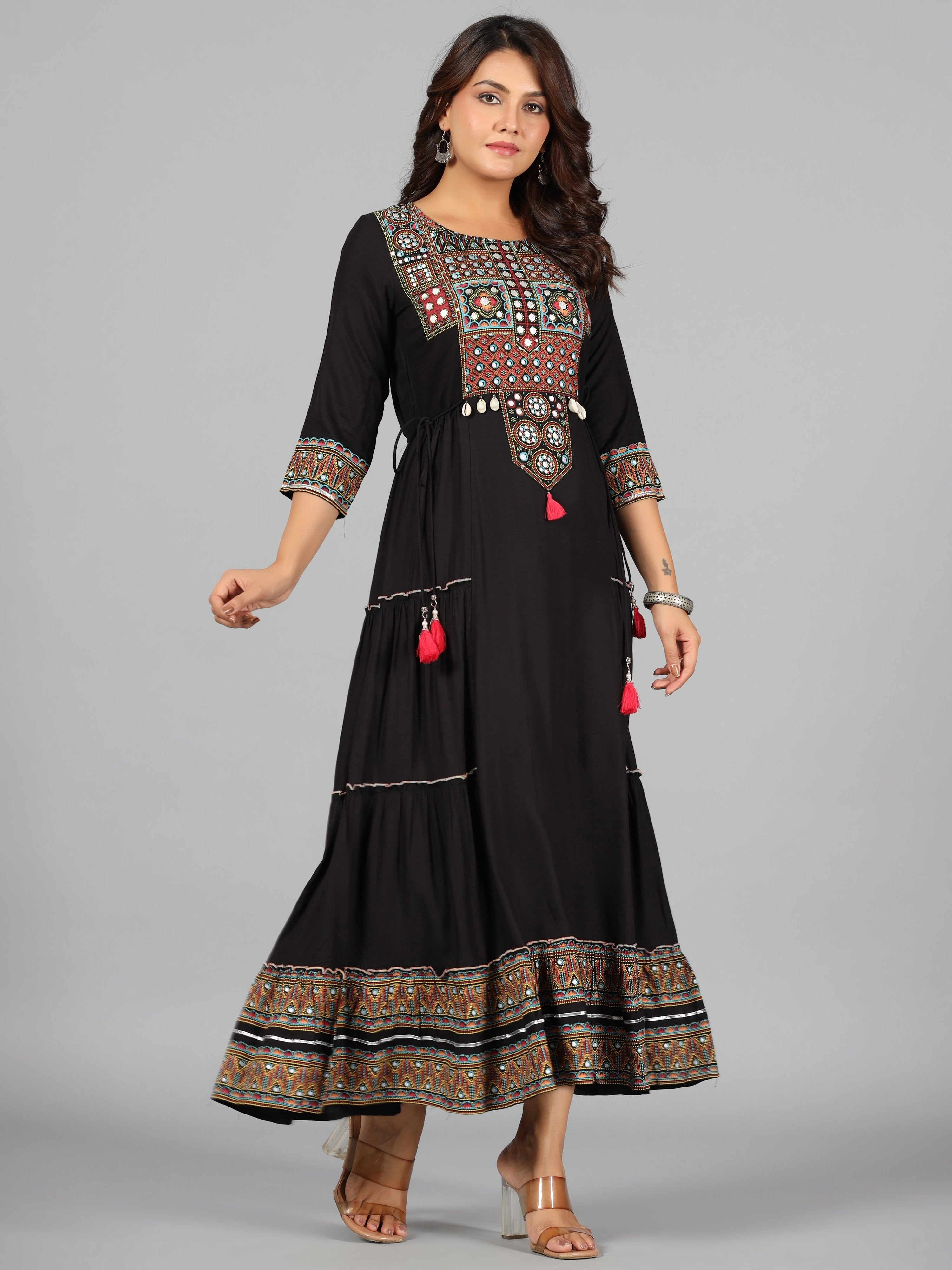 Juniper Women's Black Rayon Staple Printed Tiered Maxi Dress - Distacart