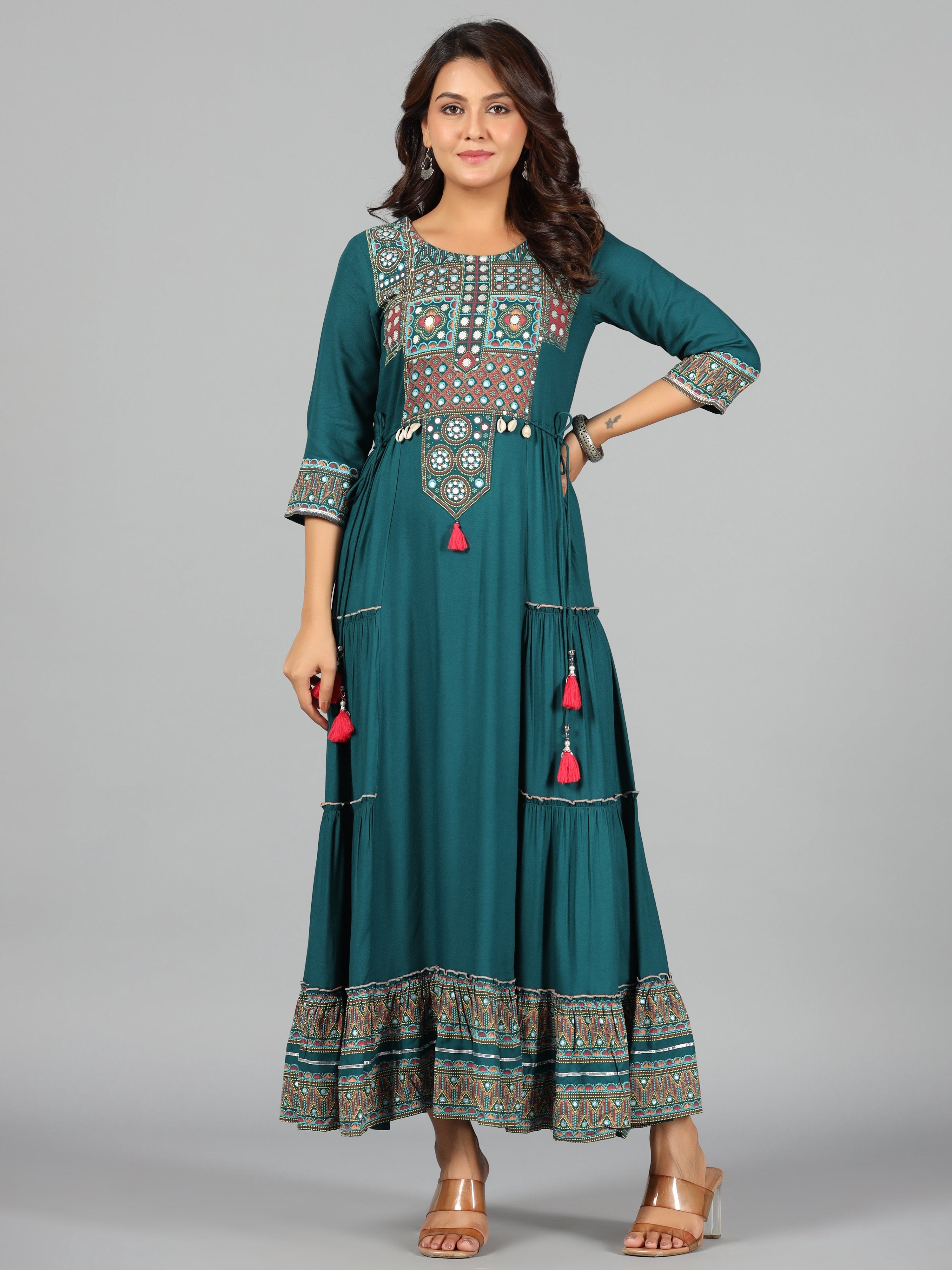 Juniper Women's Teal Rayon Staple Printed Tiered Maxi Dress - Distacart