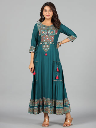 Juniper Women's Teal Rayon Staple Printed Tiered Maxi Dress - Distacart