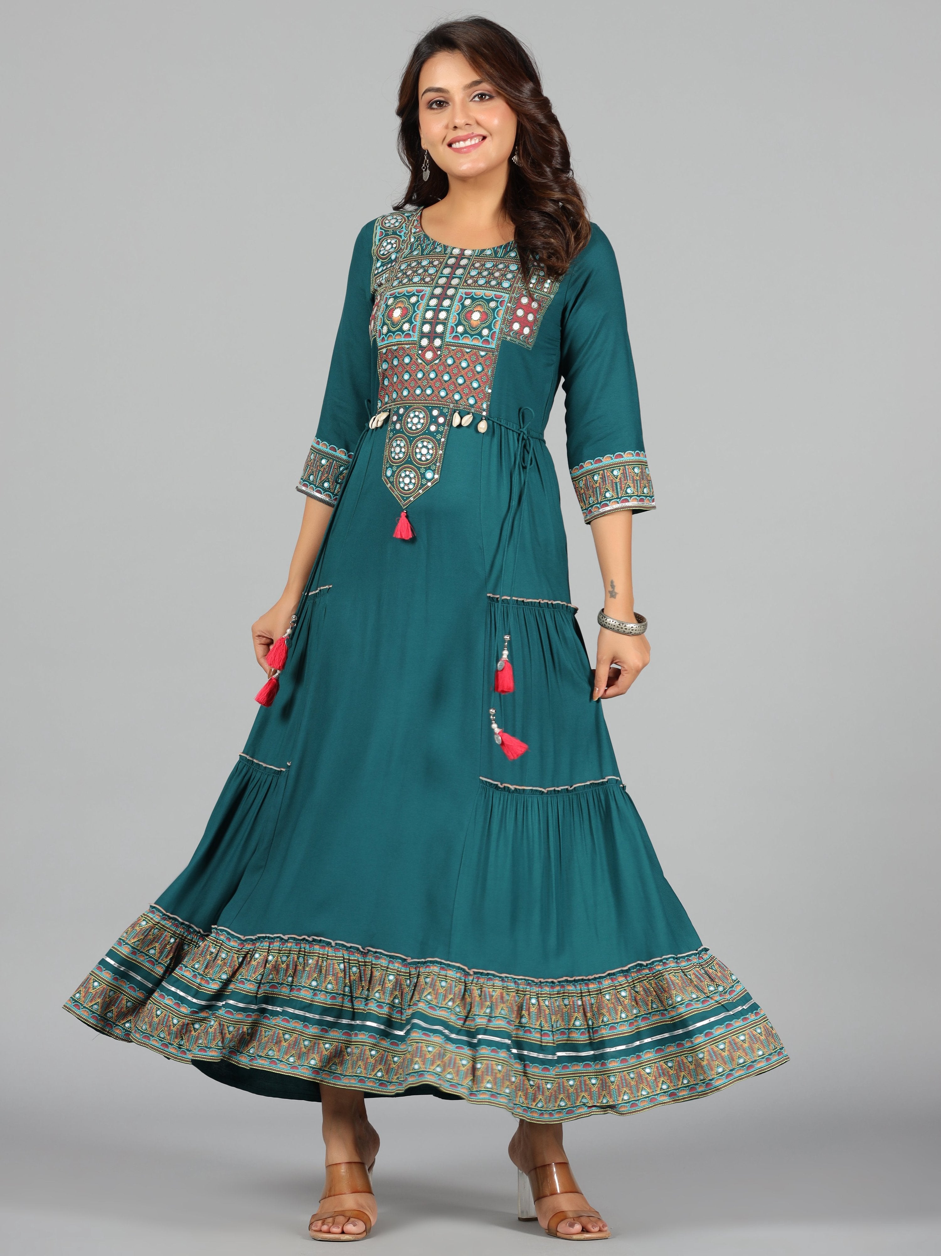 Juniper Women's Teal Rayon Staple Printed Tiered Maxi Dress - Distacart