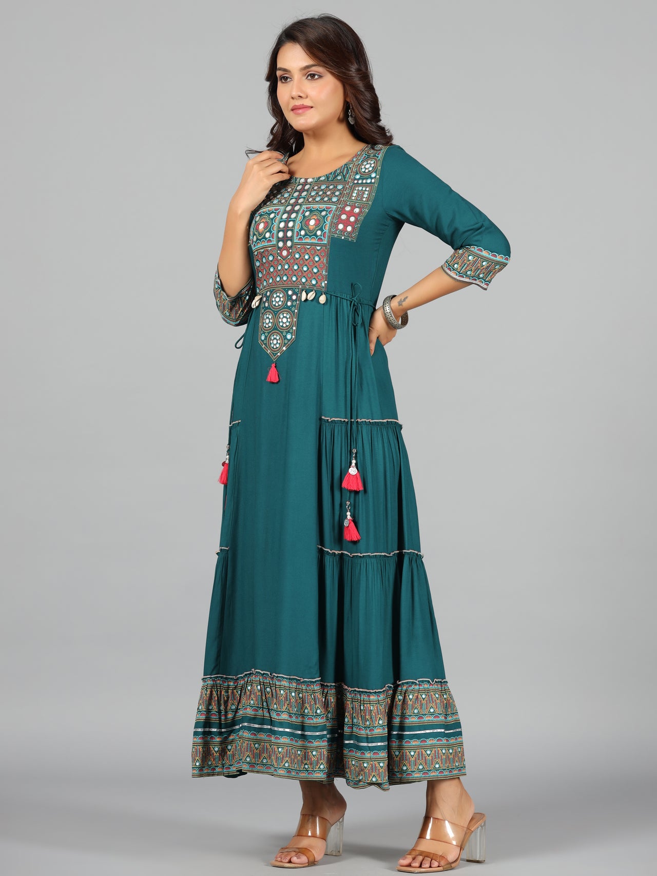 Juniper Women's Teal Rayon Staple Printed Tiered Maxi Dress - Distacart