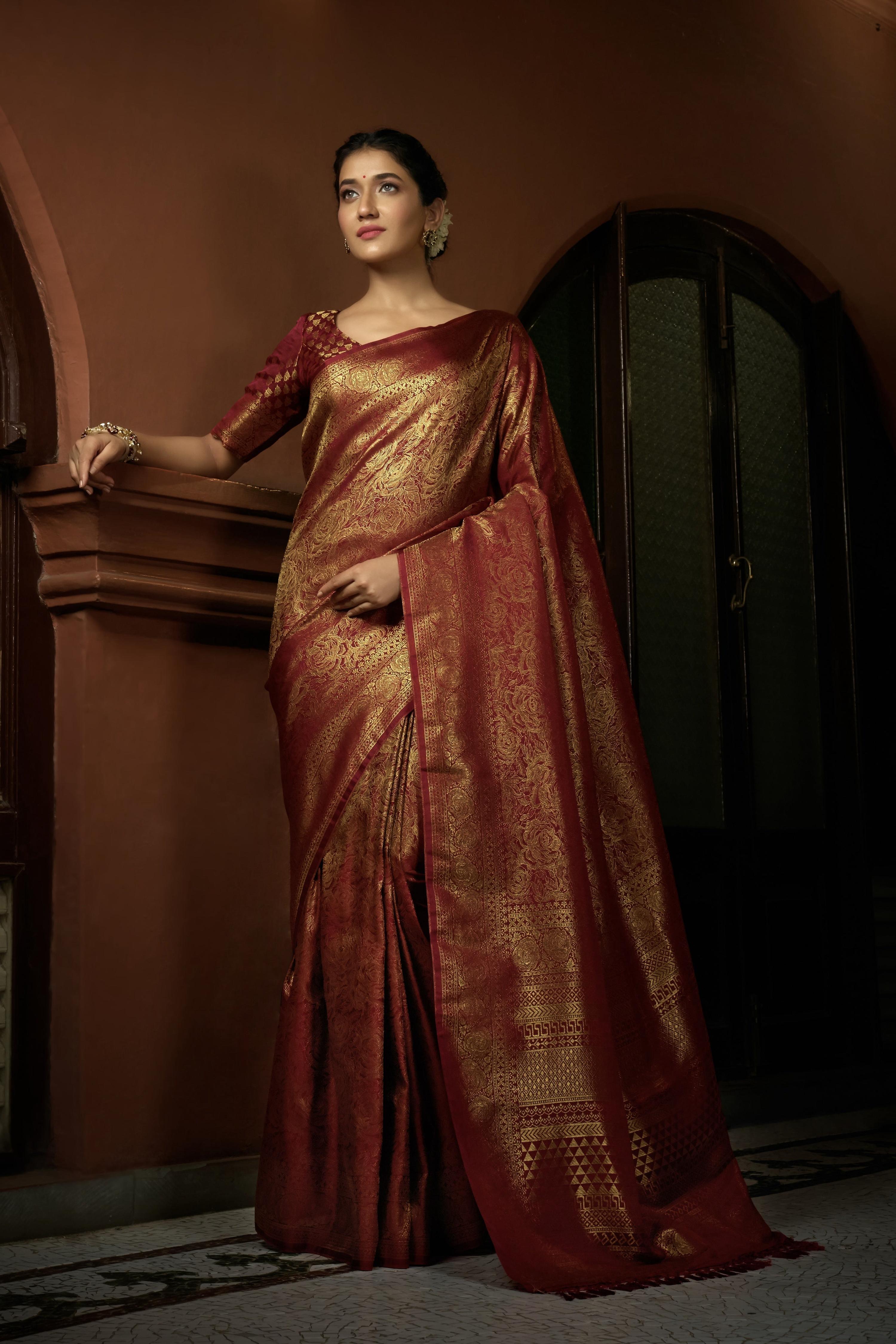 Vardha Venetian Red Golden Zari Kanjeevaram Silk Saree