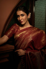 Thumbnail for Vardha Venetian Red Golden Zari Kanjeevaram Silk Saree