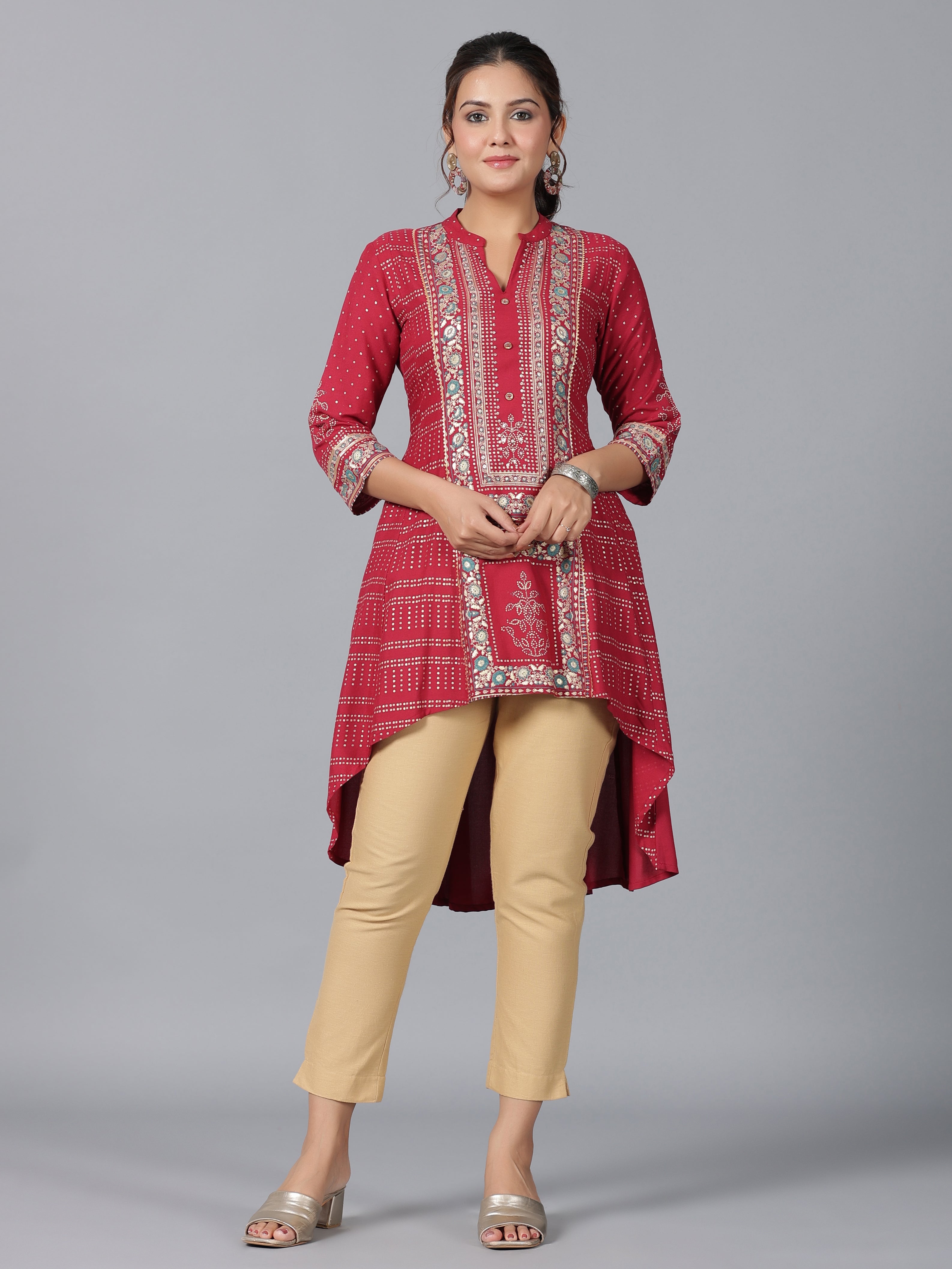 Juniper Women Maroon Rayon Foil Printed High-Low Tunic - Distacart