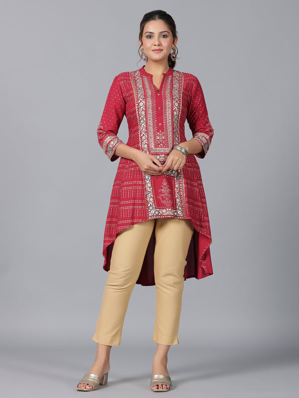 Juniper Women Maroon Rayon Foil Printed High-Low Tunic - Distacart