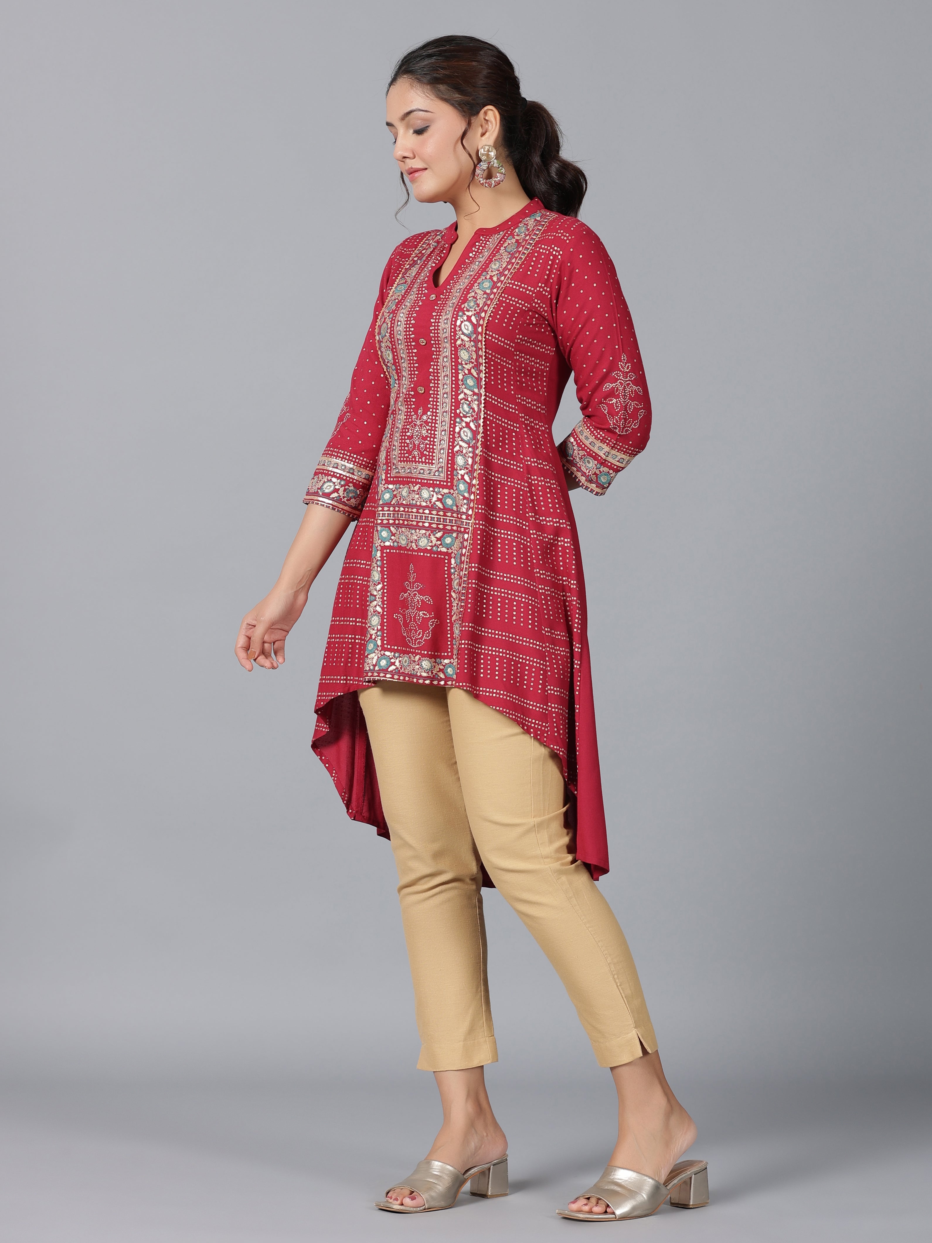 Juniper Women Maroon Rayon Foil Printed High-Low Tunic - Distacart