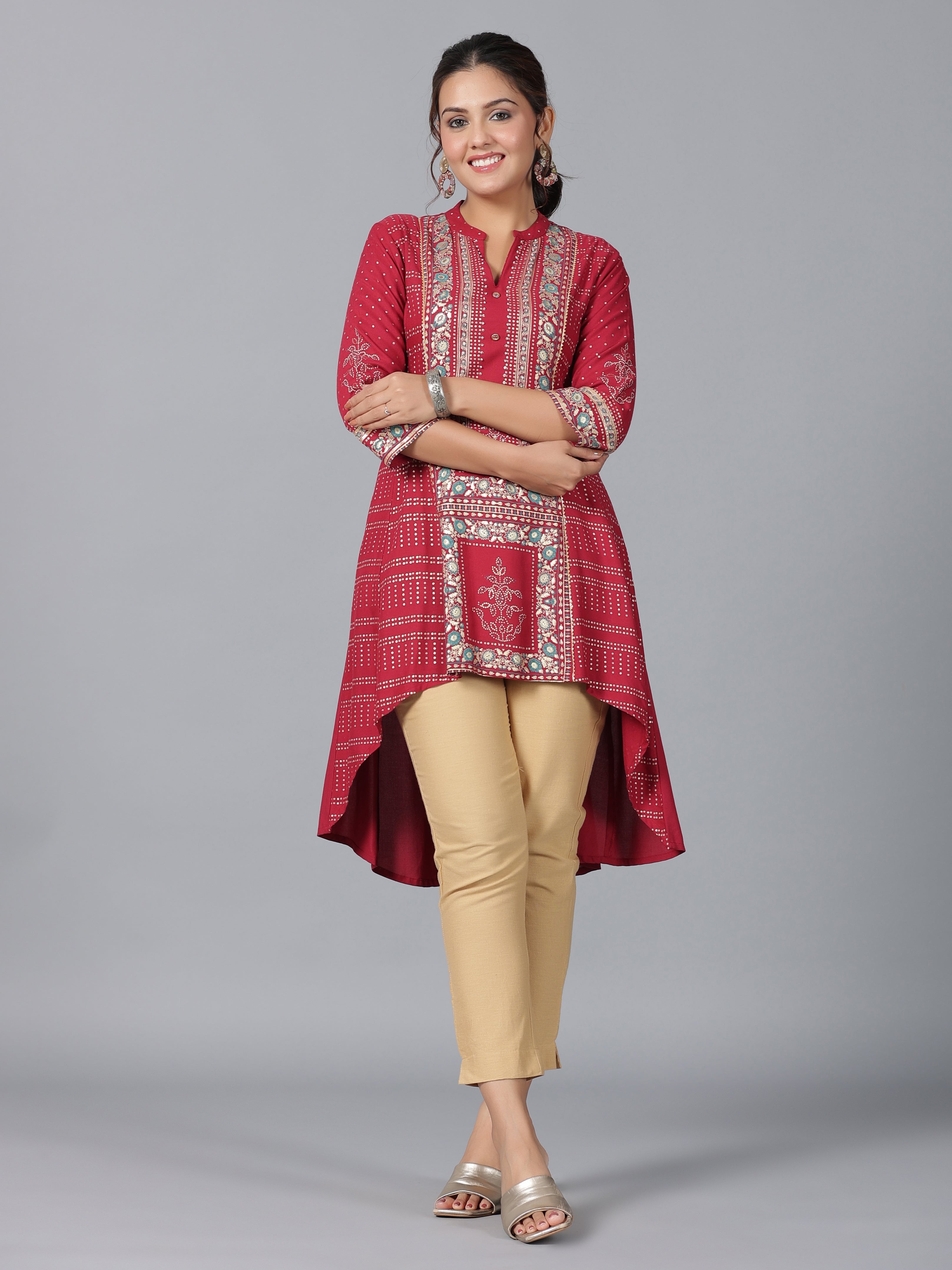 Juniper Women Maroon Rayon Foil Printed High-Low Tunic - Distacart