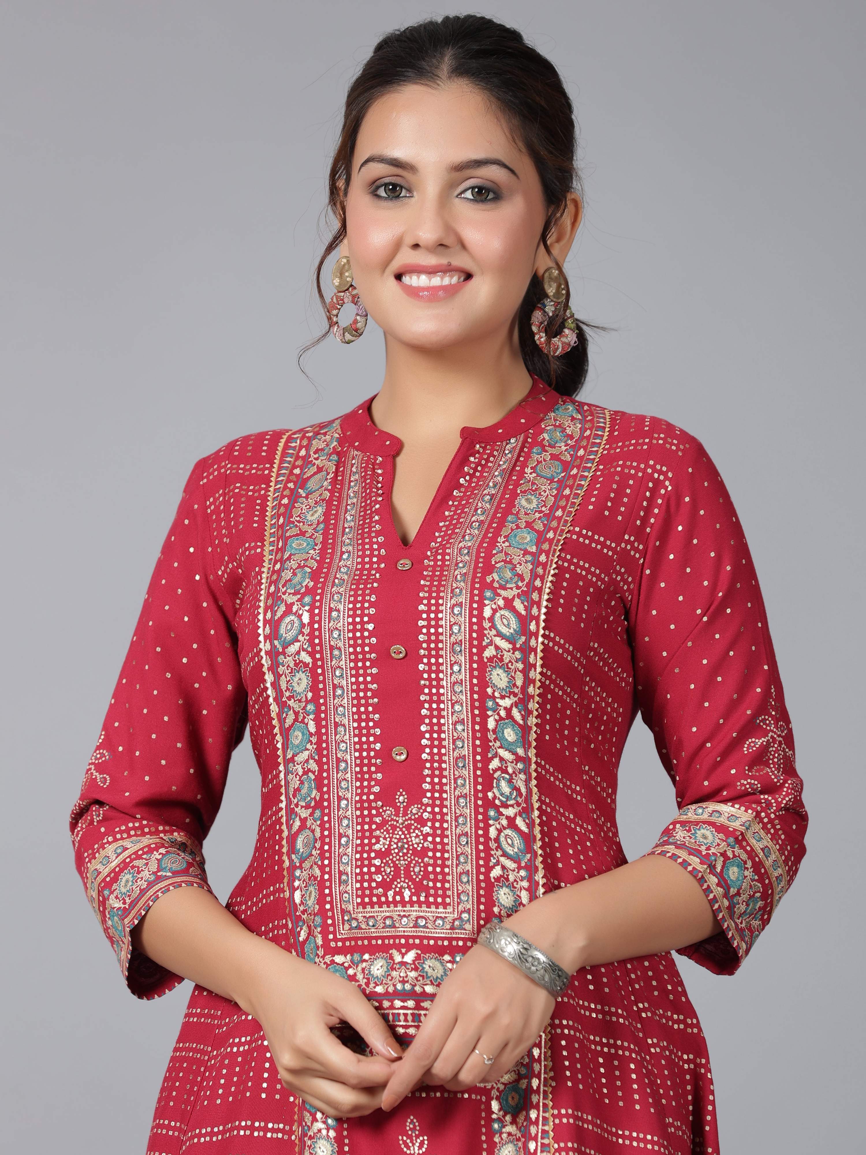 Juniper Women Maroon Rayon Foil Printed High-Low Tunic - Distacart