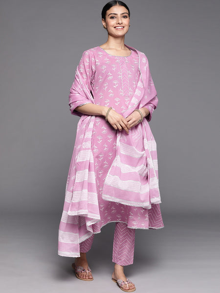 Libas Women Lavender Floral Printed Pure Cotton Kurta with Trousers & With Dupatta - Distacart