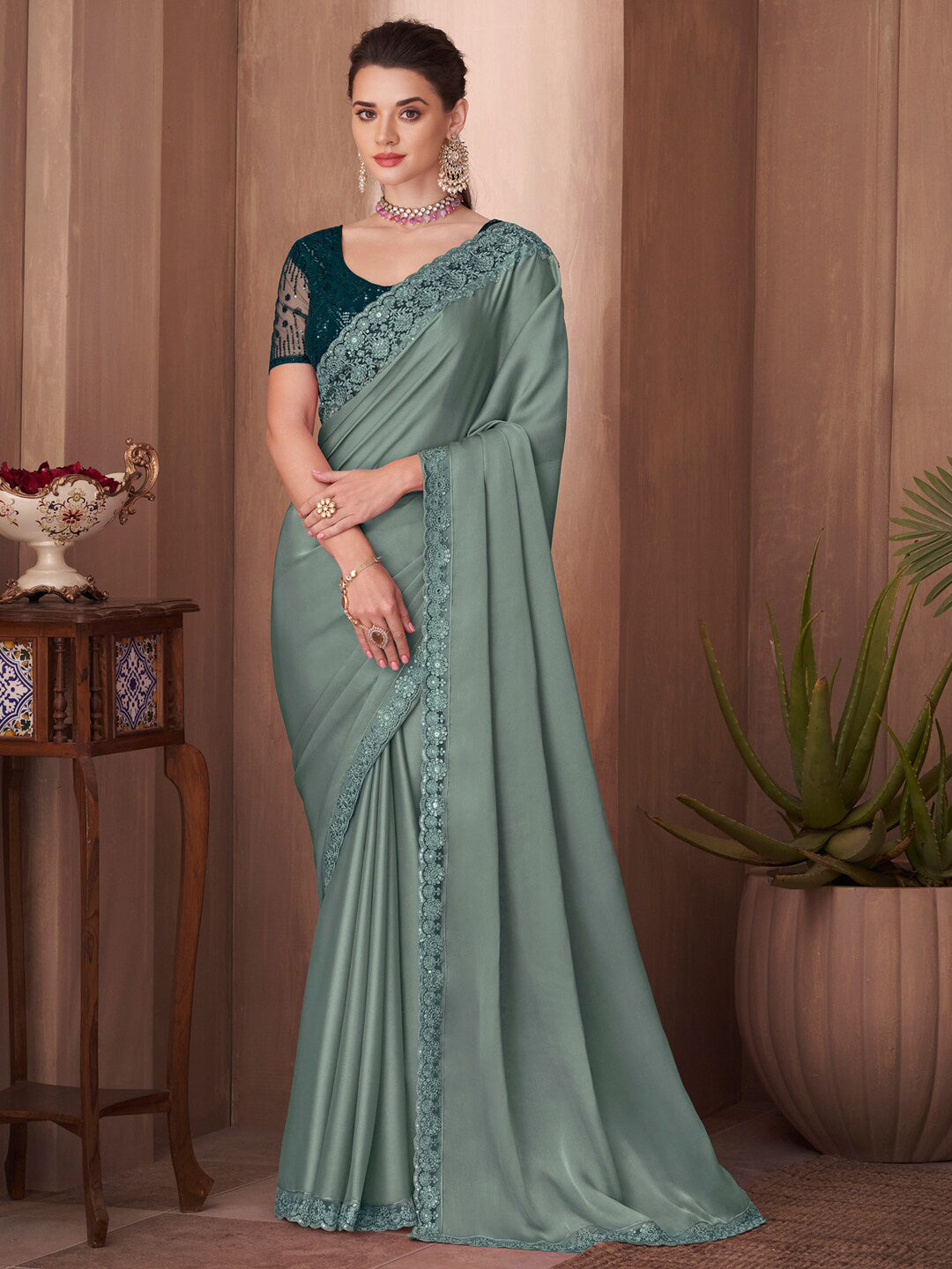 Mitera Sea Green Embellished Sequinned Border Saree - Distacart
