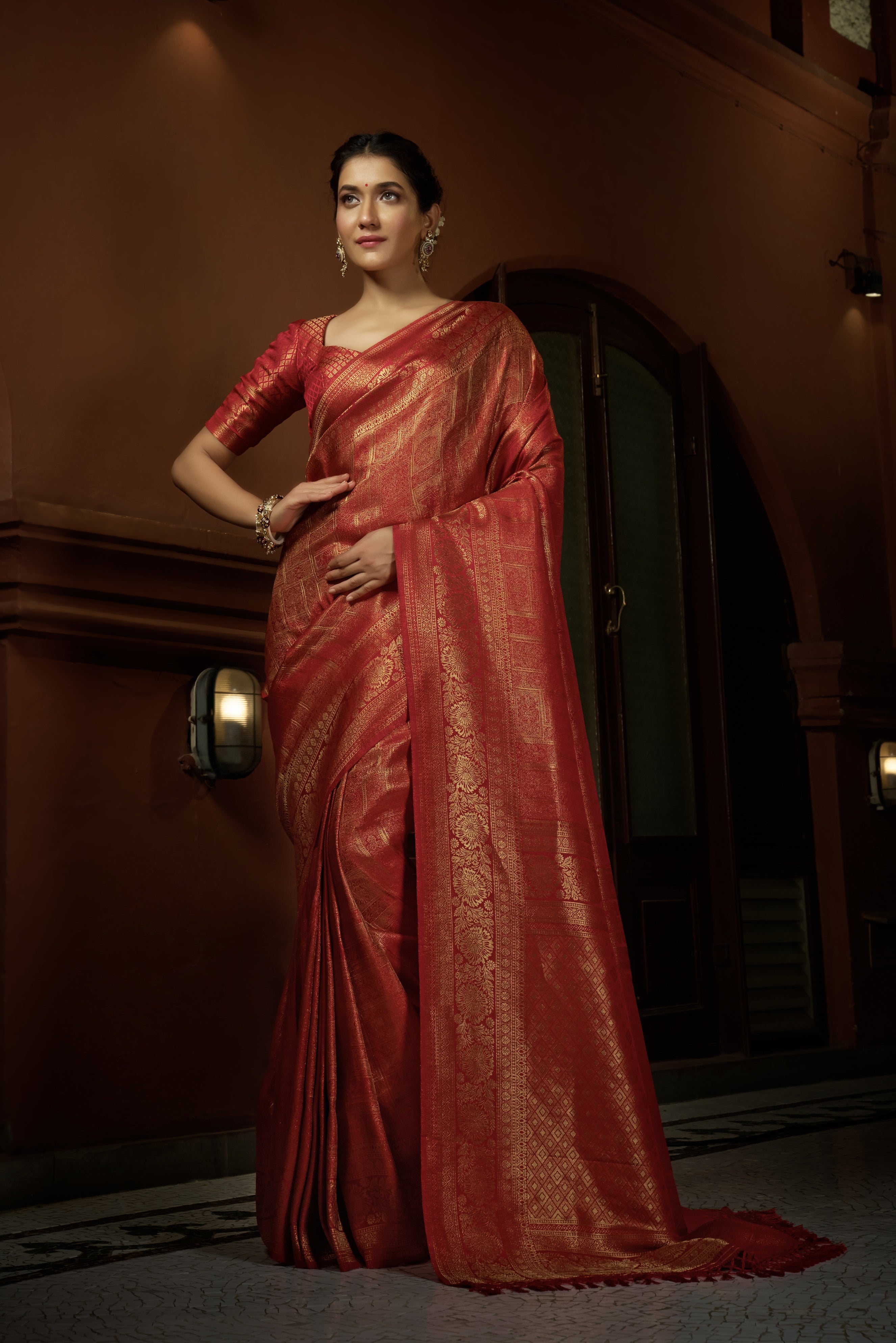 Vardha Scarlet Red Golden Zari Kanjeevaram Silk Saree