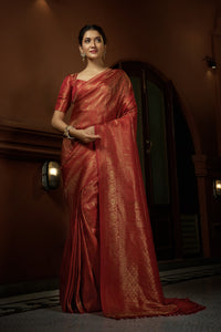 Thumbnail for Vardha Scarlet Red Golden Zari Kanjeevaram Silk Saree