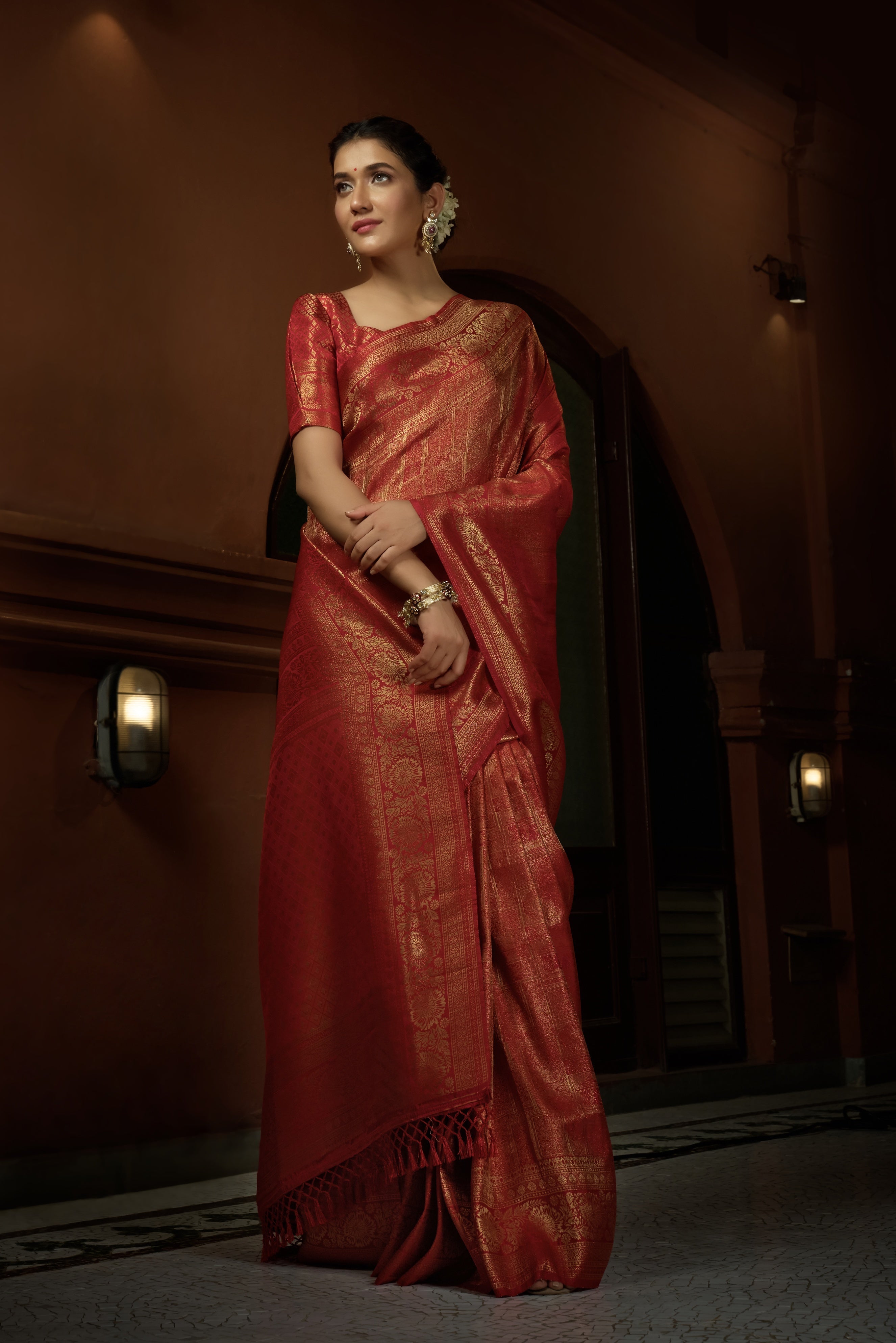 Vardha Scarlet Red Golden Zari Kanjeevaram Silk Saree