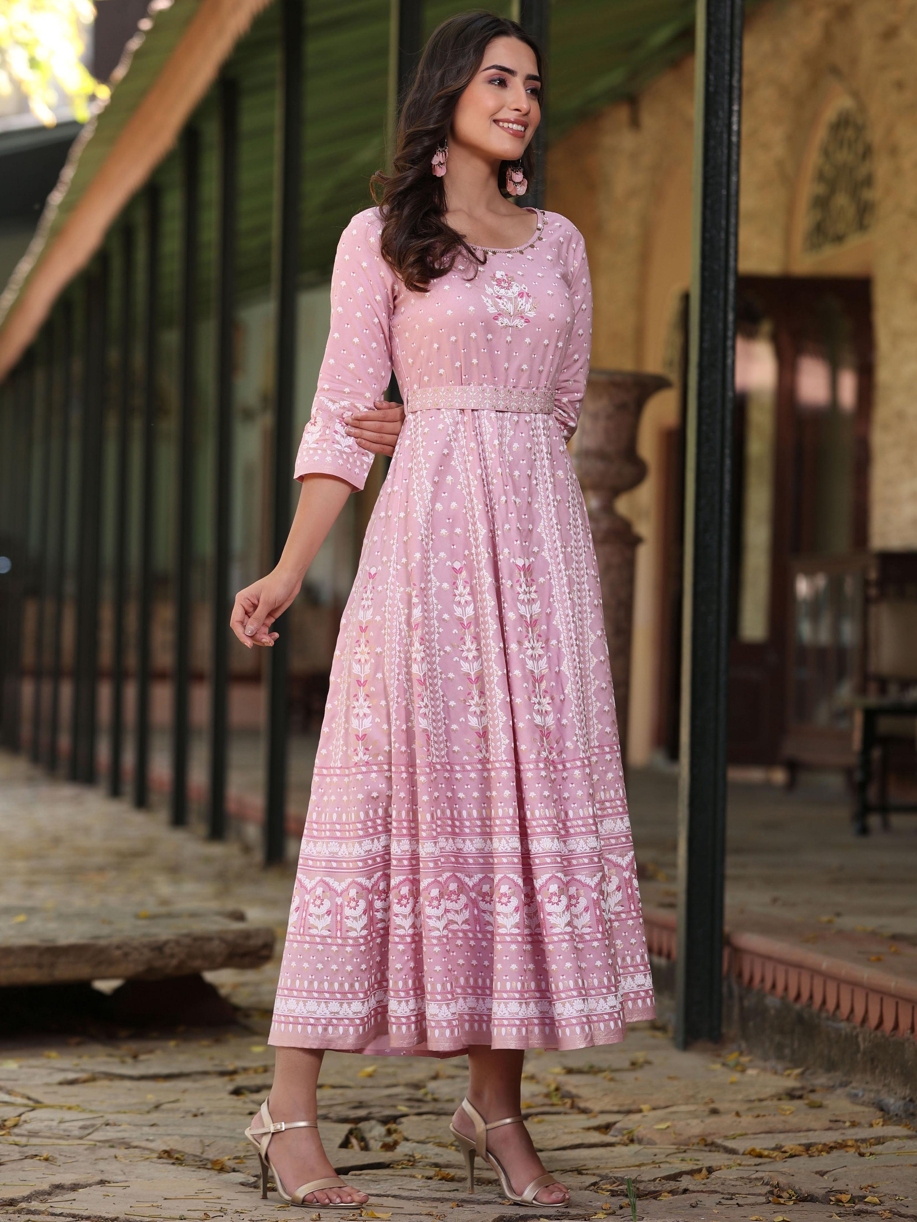 Juniper Women Pink Rayon Staple Printed Maxi Dress - Distacart