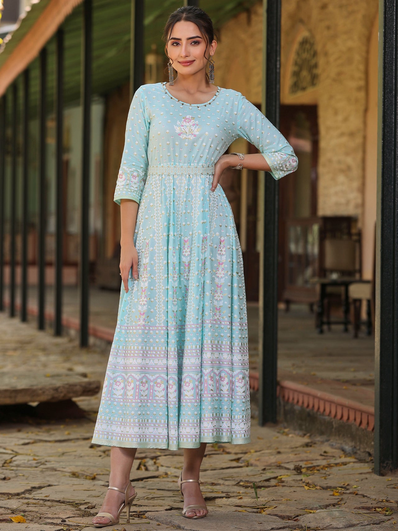Juniper Women Sky Blue Rayon Staple Printed Maxi Dress - Distacart