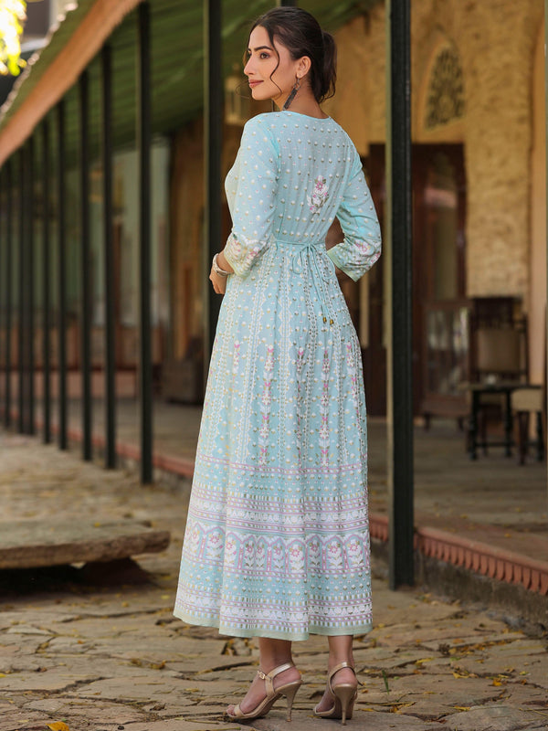 Juniper Women Sky Blue Rayon Staple Printed Maxi Dress - Distacart